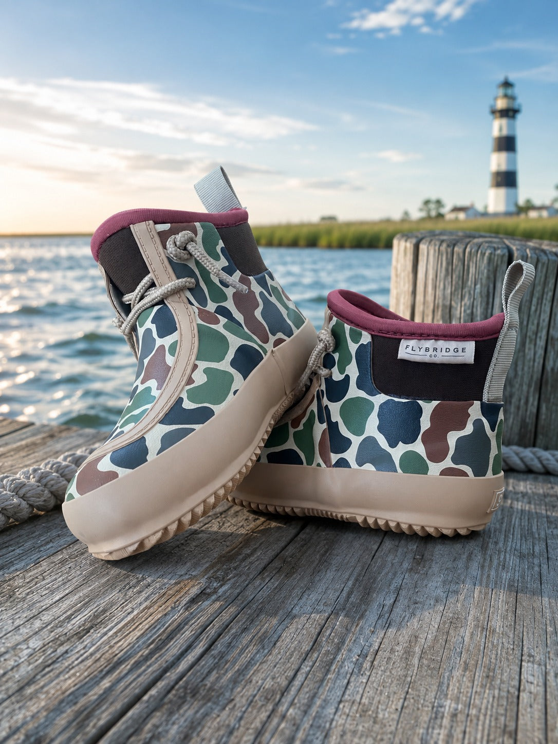 Pair of Little Skipper duck camo boots on a dock