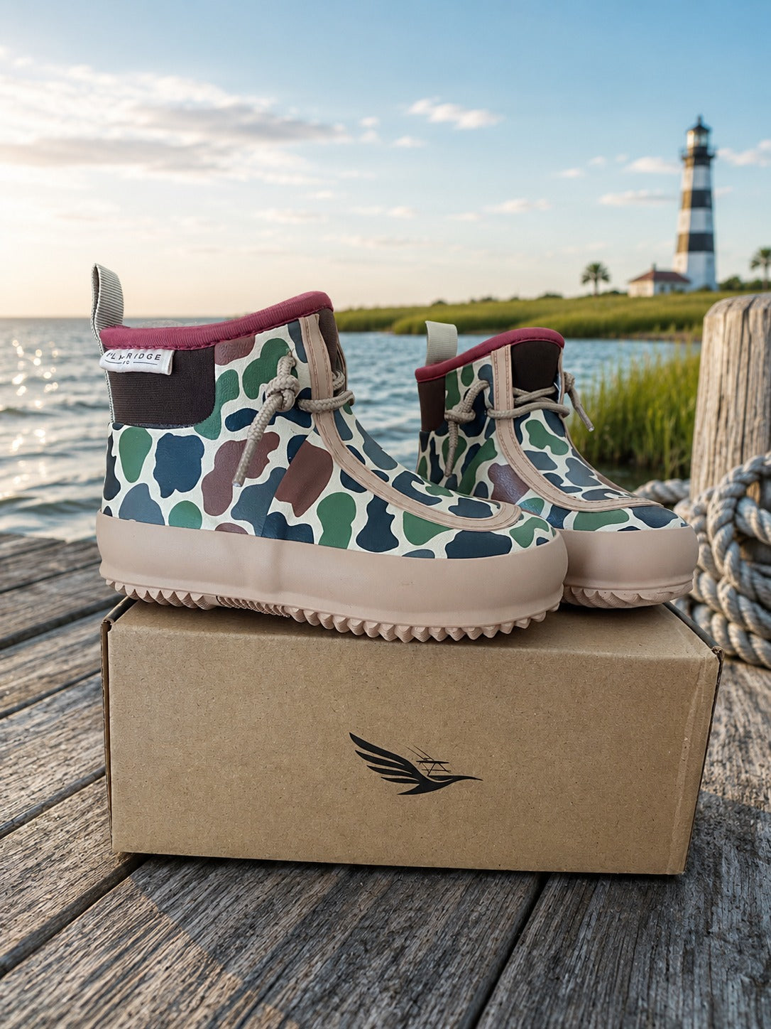Little Skipper duck camo boots on their box